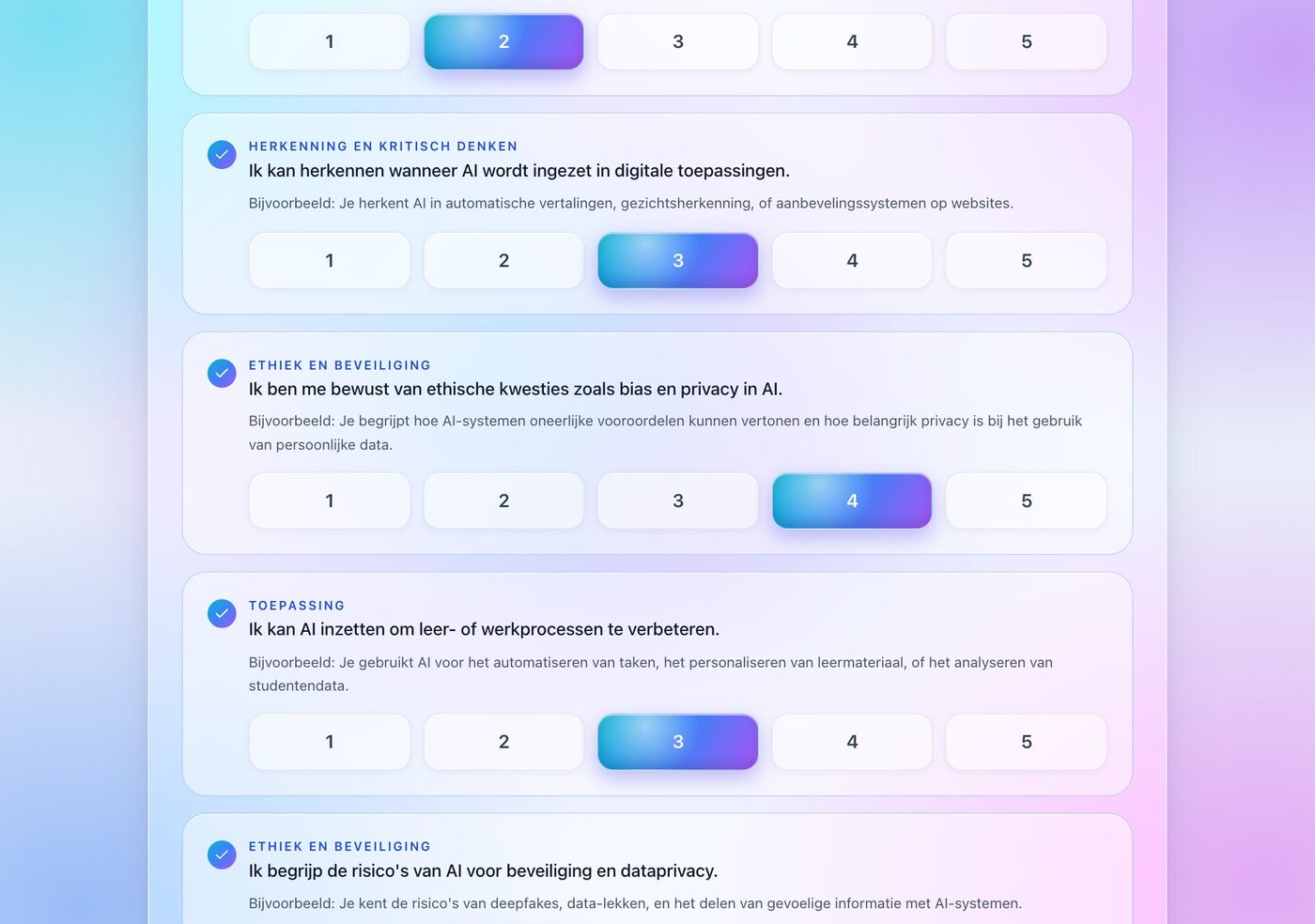 Vragen van de AI Literacy Companion met beoordelingsknoppen 1 tot 5