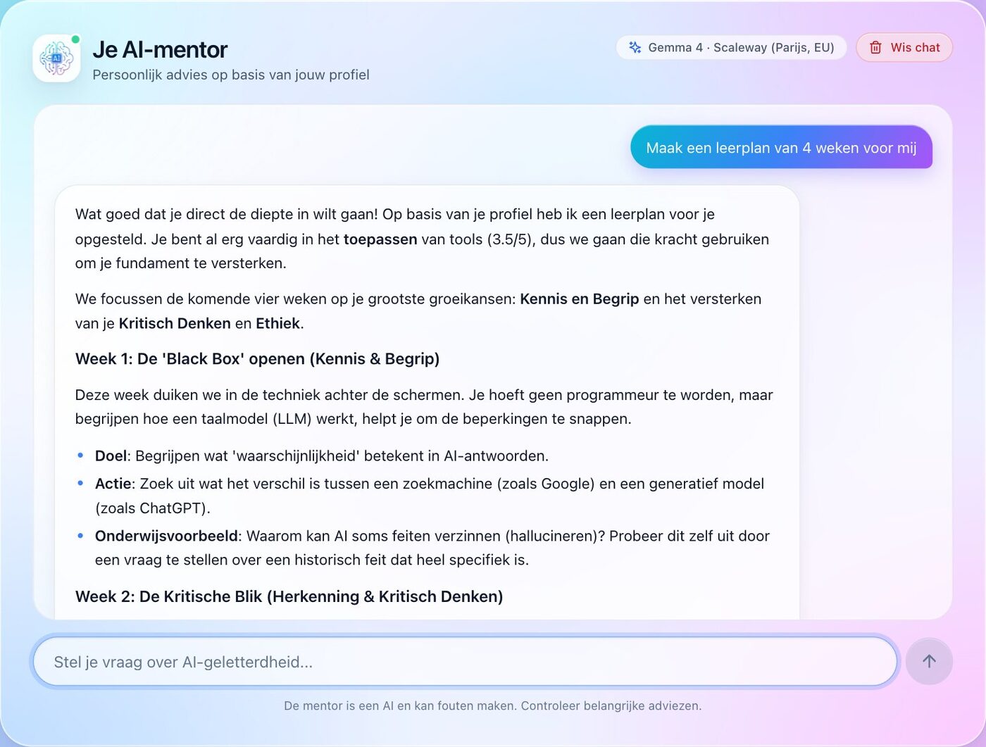 De AI-mentor maakt een leerplan van vier weken op basis van het profiel